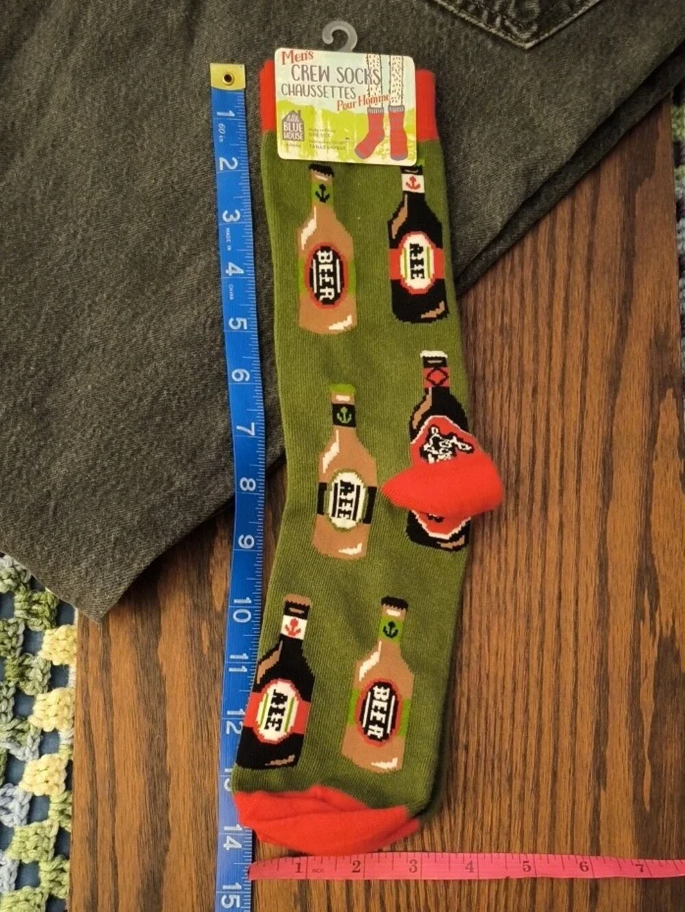 Men's Olive Green Beer Bottle Crew Socks with Orange Accents